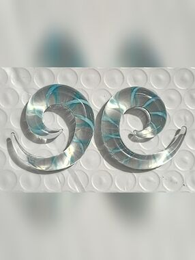 Pair of Clear Glass Spiral Gauges with Teal Highlights